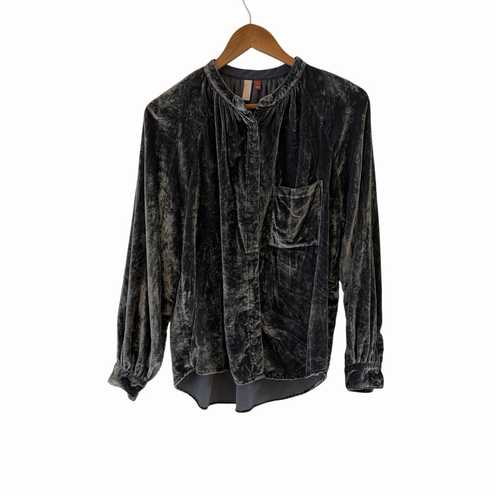 Anthropologie Pilcro Hadley Crushed Velvet Button Up S Gray Relaxed Fit Party